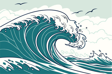 Ocean wave, cresting turquoise water, dynamic splash, white foam, watercolor technique, ethereal blue tones, fluid motion, powerful surf, artistic rendering, liquid energy, marine art, translucent aqu