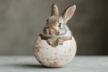 An Adorable Baby Bunny Sits Inside A Cracked Eggshell, Creating A Charming Easter Scene. The Soft...