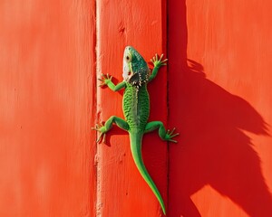 A green lizard climbs a red door, captured from above, creating a striking contrast between its vivid color and the background.