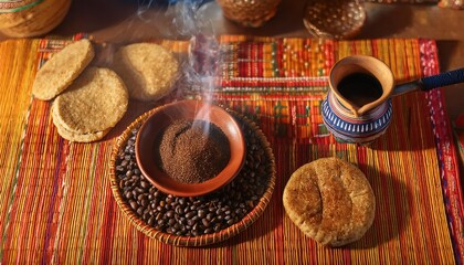 Incense smoking over freshly ground coffee beans during ethiopian coffee ceremony
