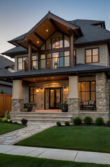 Luxury Modern Home Exterior: Stone and Wood Architecture at Dusk