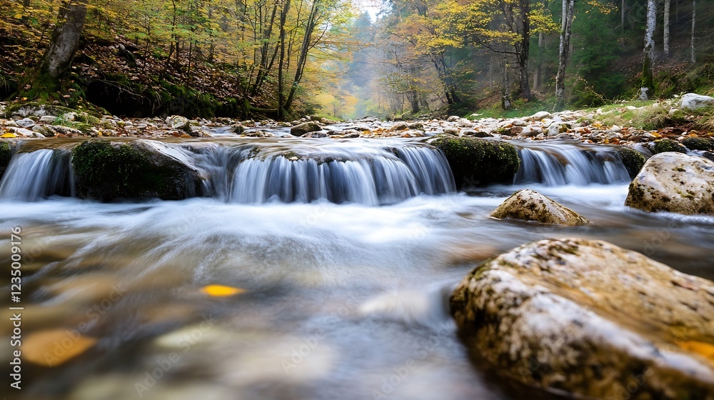 Poster serene autumn stream flowing through a forest with vibrant foliage and gentle waterfalls : generativ