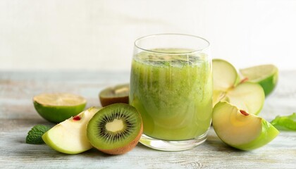 Glass of fresh kiwi and green apple juice with lime and mint on wooden table