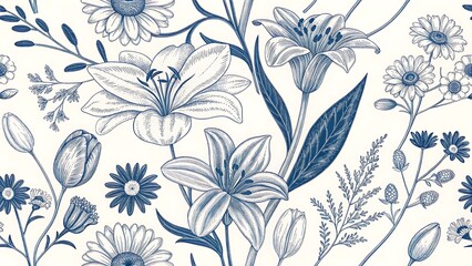Fototapeta premium Vintage Floral Pattern with Hand-Sketched Tulips, Lilies, and Daisies in Blue Tones for Textiles and Creative Backdrops