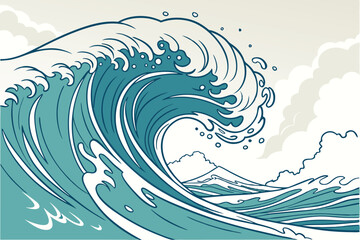 Ocean wave, cresting turquoise water, dynamic splash, white foam, watercolor technique, ethereal blue tones, fluid motion, powerful surf, artistic rendering, liquid energy, marine art, translucent aqu