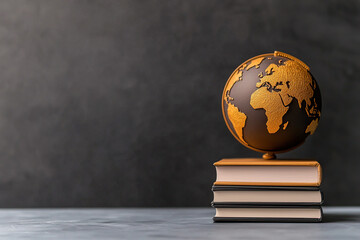 bronze globe sits atop stack of books against dark background, symbolizing global education and knowledge