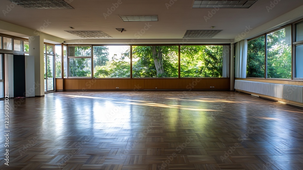 Aufkleber spacious empty room with large windows overlooking lush greenery : generative ai