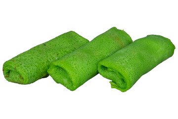 Indonesian dadar gulung pandan pancakes with sweet coconut filling isolated background
