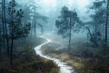 Obraz premium A winding path through a misty forest. Tall, slender trees line the path, shrouded in fog. The scene evokes a sense of mystery and tranquility.