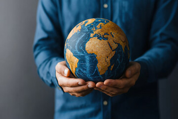 person in blue shirt holds globe, symbolizing global connection and responsibility. globe features detailed continents and oceans, emphasizing geography and exploration