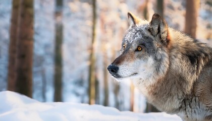 Obraz premium Majestic wolf observing winter wonderland in snowy forest habitat