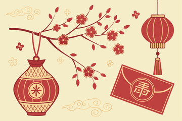 Naklejka premium Chinese New Year decorations, red and gold ornaments, traditional vase, red envelope, hanging lantern, paper-cut designs, auspicious symbols, festive ornaments, intricate patterns, cultural motifs, ri