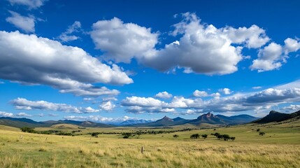Fototapeta premium Vast Open Grassland Under a Vibrant Blue Sky with Puffy White Clouds : Generative AI