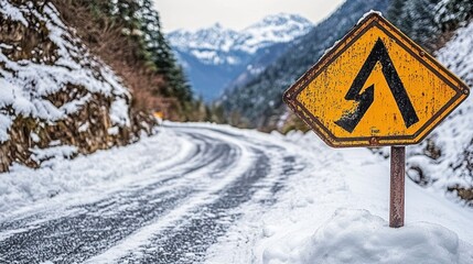 Winding snowy road with a warning sign.