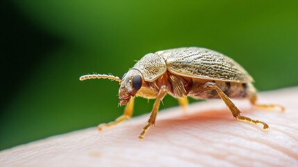 Textured Gold Beetle Perched on Skin with Rich Green Background in Macro : Generative AI