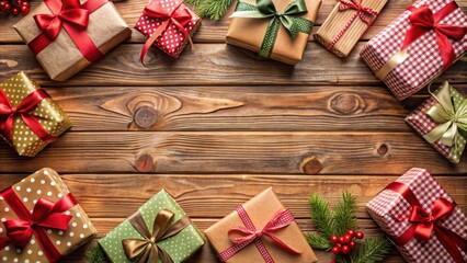 Fototapeta premium A festive arrangement of wrapped gifts with red and green ribbons on a rustic wooden background, perfect for holiday greetings or a special occasion.