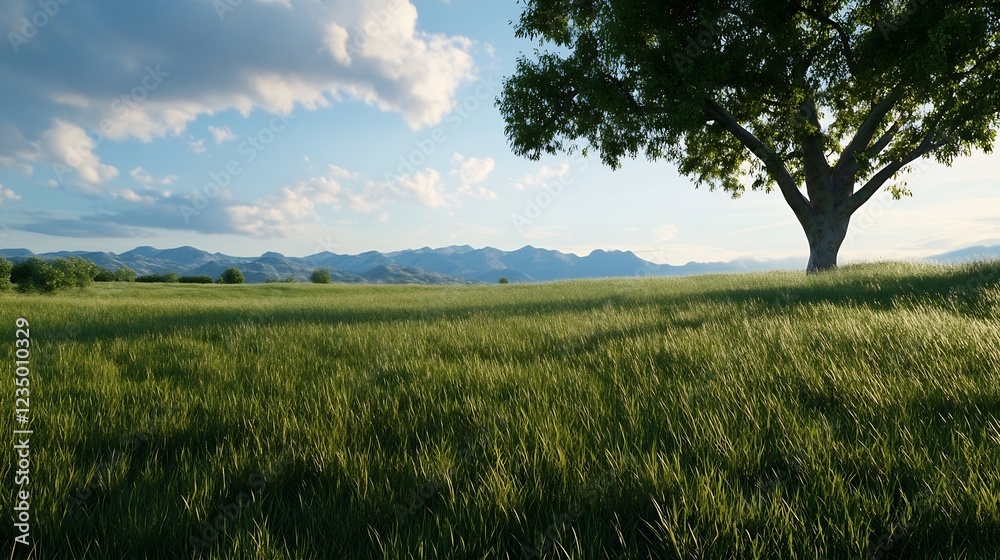 Poster serene summer landscape with tree and mountain view in golden sunlight : generative ai