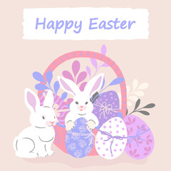 Happy Easter hand-drawn horizontal banner in pastel colors with easter bunnies, Easter eggs in a basket. Festive textured Easter card in soft colors. Vector design for congratulations,invitations .