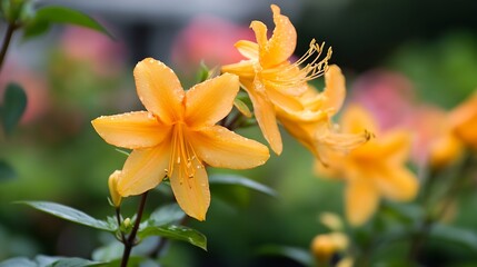 Fototapeta premium Radiant Yellow Daylilies with Dew in Lush Green Garden Backdrop : Generative AI