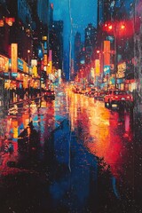 Rainy Night Cityscape Vibrant Lights Reflecting