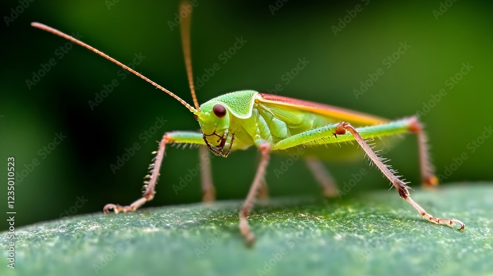 Poster lively green grasshopper with red details on leaf in closeup natural habitat : generative ai