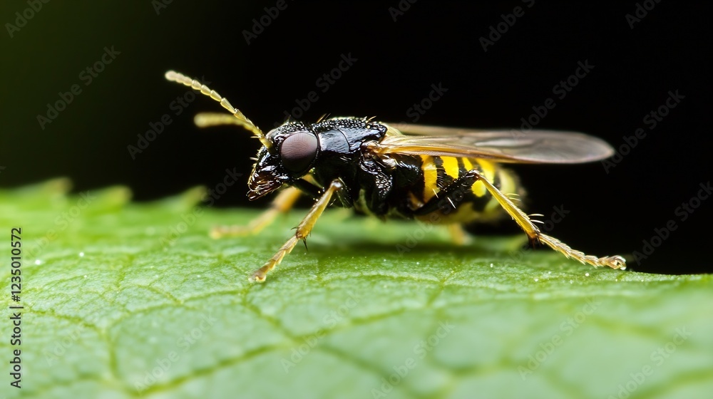 Fototapete yellow and black wasp resting on green leaf displaying intricate features : generative ai