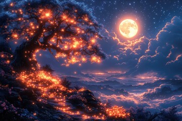 Fototapeta premium Luminous Treetop Illumination Underneath a Night Sky