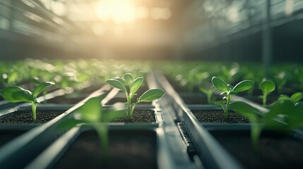 Robotic System Distributing Glowing Seedlings in Greenhouse Innovative Agricultural Technology Futuristic Environment
