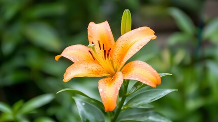 Obraz premium Bright Orange Daylily Covered in Dewdrops in Lush Greenery for Fresh Summer Garden Aesthetic : Generative AI