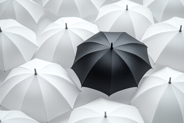 lone black umbrella stands out in sea of identical white umbrellas, creating striking visual contrast. This unique scene evokes feelings of individuality and uniqueness