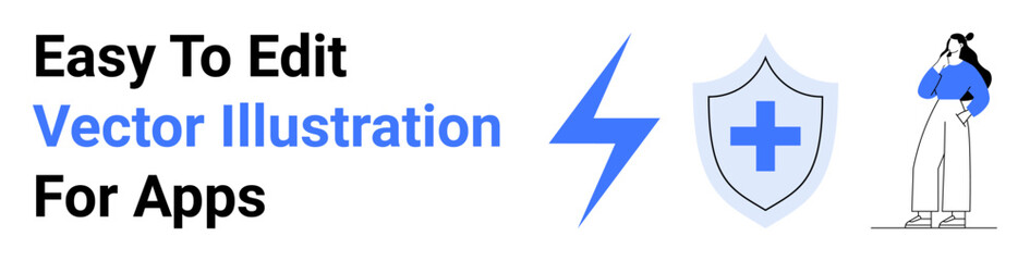 Woman pondering beside shield with cross and lightning bolt symbolizing protection and energy. Ideal for health, security, safety, technology, innovation, energy, apps. Perfect flat landing page