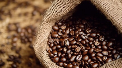 Rustic Burlap Sack Overflowing with Freshly Roasted Coffee Beans for Perfect Morning Brew : Generative AI