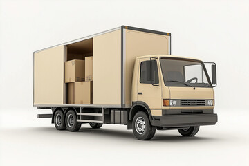 truck is opened to reveal two cardboard boxes inside, showcasing delivery scene. vehicle is parked, ready for unloading, emphasizing logistics and transportation