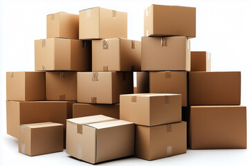 chaotic pile of cardboard boxes stacked together, creating sense of disarray and clutter. background is white, emphasizing boxes shapes and sizes