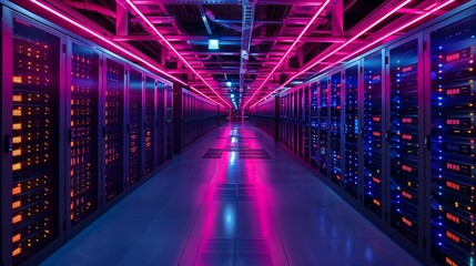 Fototapeta premium Futuristic data center with neon lights illuminating server rows and high-tech equipment.