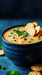 Delicious bowl of clam chowder with oyster crackers coastal kitchen food cozy atmosphere close-up view