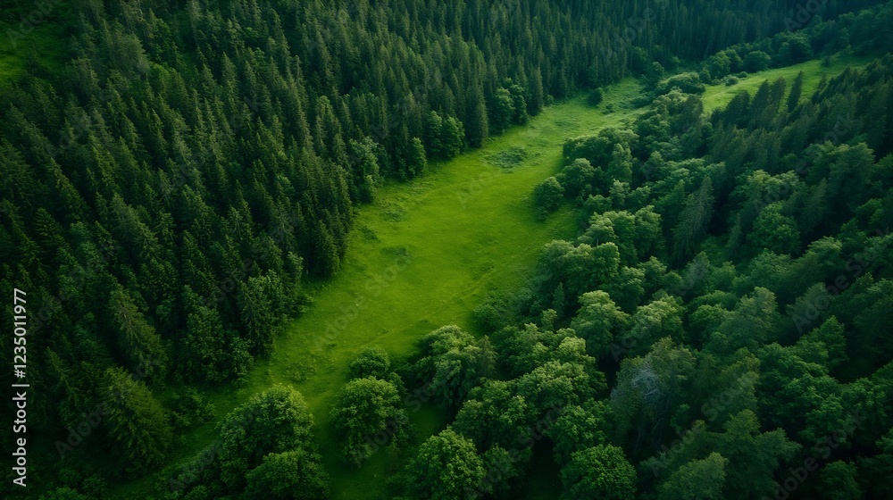 Poster aerial view of lush green forest and open meadow under blue sky : generative ai