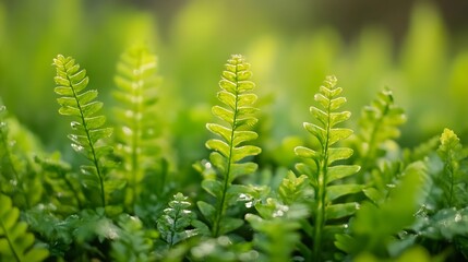Lush Green Fern Fronds Illuminated by Sunlight Showcasing Rich and Vibrant Organic Growth : Generative AI