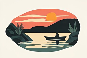 Fototapeta premium A Person Sits In A Small Boat On A Calm Lake At Sunset. The Scene Is Peaceful And Serene, With Soft Colors And A Minimalist Style.