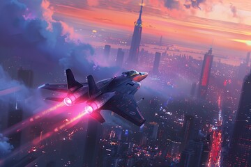 Fototapeta premium Futuristic jet flying over a vibrant city skyline at sunset, showcasing advanced technology.