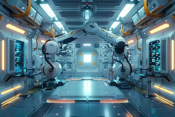 Fototapeta premium Futuristic robotic arms in a high-tech workspace with vibrant lighting.