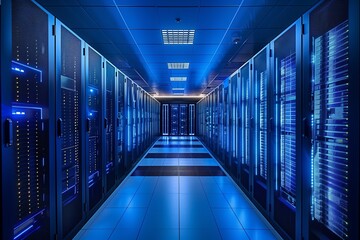 Fototapeta premium Futuristic server room with blue lighting and rows of data equipment.
