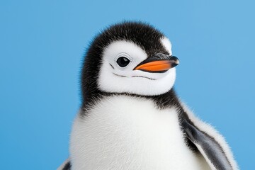 Fototapeta premium A close-up of a cute, fluffy penguin chick with a black and white coat and an orange beak, set against a light blue background.