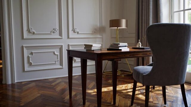 A breathtaking 4K ultra-HD stock video capturing a cozy yet posh home office workspace designed with a blend of modern luxury and classic Parisian elegance.