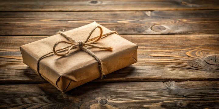 A simple gift package wrapped in brown paper and tied with twine, resting on a rustic wooden surface.