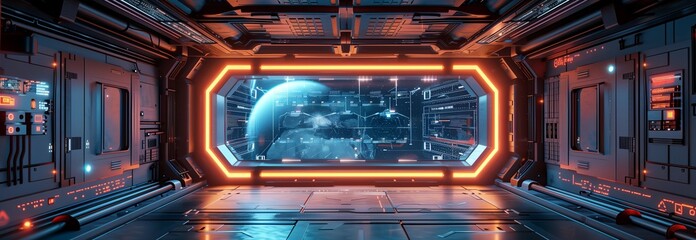 Futuristic spaceship interior with a large window showing a distant planet.