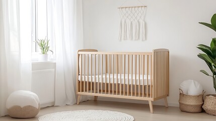Modern Minimalist Nursery Decor with Wooden Crib and Natural Light : Generative AI