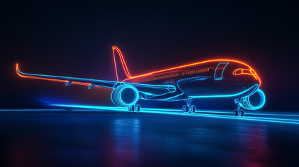 Neon airplane glowing against dark background.