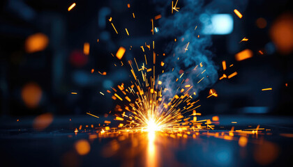 Dynamic welding sparks in industrial workshop captured with dramatic lighting