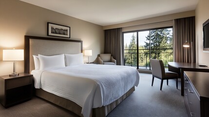 Fototapeta premium Modern Hotel Room with Comfortable Double Bed and Scenic Forest View Balcony : Generative AI
